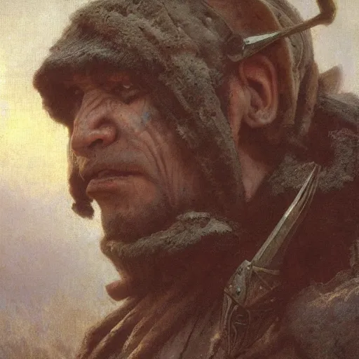 Image similar to half portrait of orc barbarian wearing a closed cowl holding a axe! jeremy mann, jean leon gerome, alphonse mucha, greg rutkowski, hood covers his eyes, ( ( ruins of ancient rome ) ), at dusk, mysterious atmosphere, sunrays, dof, masterpiece, high detailed, 8 k