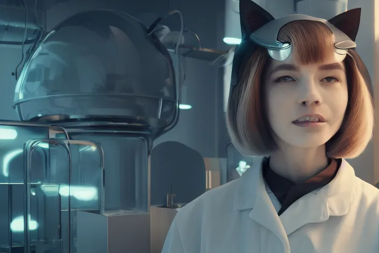 Prompt: woman with cat ears wearing a labcoat in a futuristic lab, cinematic, beautiful face, digital art, by wlop, by james gilleard, sunlit, cozy, trending on artstation, octane render, matter art