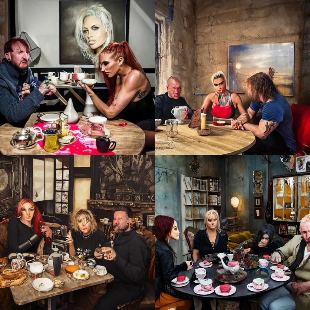 Prompt: Boris Jonson having tea with Jodie Marsh, grek rutkowski, art station