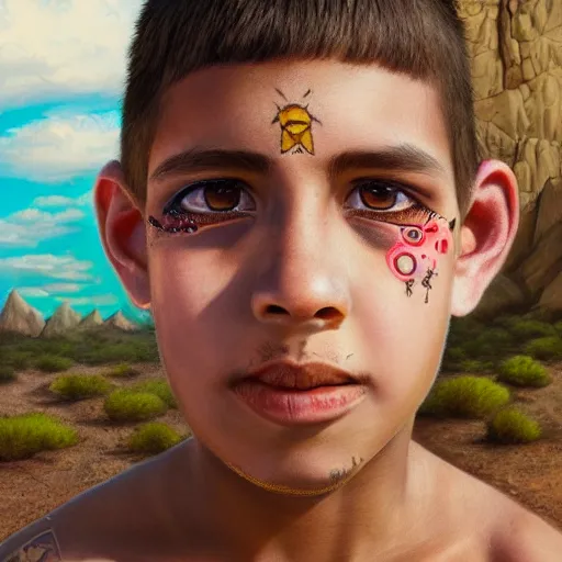 Image similar to a detailed portrait of a boy with a face tattoo in the desert, fantasy art illustration, incredibly highly detailed and realistic, 8 k, sharp focus