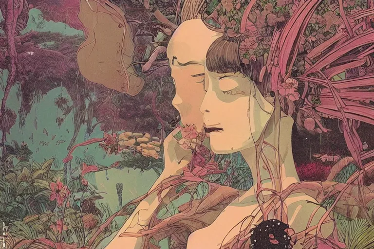 Prompt: gigantic woman head, a lot of exotic vegetation around, trees, flowers, risograph!, oldschool vintage sci - fi flat surreal design, super - detailed, fullshot, painting by moebius and satoshi kon