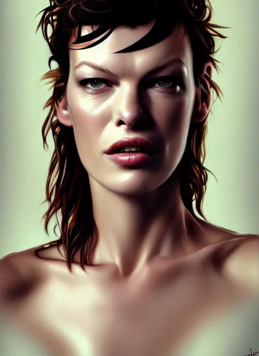 Prompt: milla jovovich wearing tape, far future, sharp focus, highly detailed, trending on artstation, intricate, painting by rutkowski