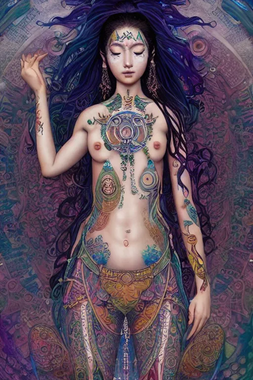 Image similar to a centered full body render of an alluring goddess festival hippy with tribal tattoos surrounded by a underwater ink pour and flowing liquid gallium and sacred geometry, perfect body and face, gorgeous, cinematic, beautifully lit, by miho hirano, by karol bak, by donato giancola, 3 d, trending on artstation, octane render, 8 k