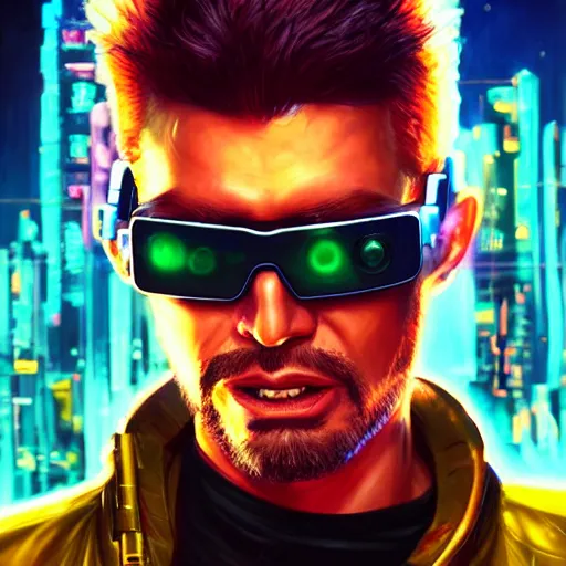 Image similar to epic portrait of cyberpunk Carpenter Charisma wearing mirrorshades, Night City, cyberpunk 2077, neon megacity in the background, angry and bored, illustration, soft lighting, soft details, painting oil on canvas by mark arian by artgerm, trending on artstation, 4k, 8k, HD