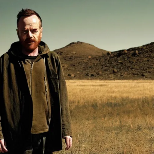 Image similar to Live Action Still of Bryan Cranston dressed as and playing Jesse Pinkman in Breaking Bad, real life, hyperrealistic, ultra realistic, realistic, highly detailed, epic, HD quality, 8k resolution, body and headshot, film still