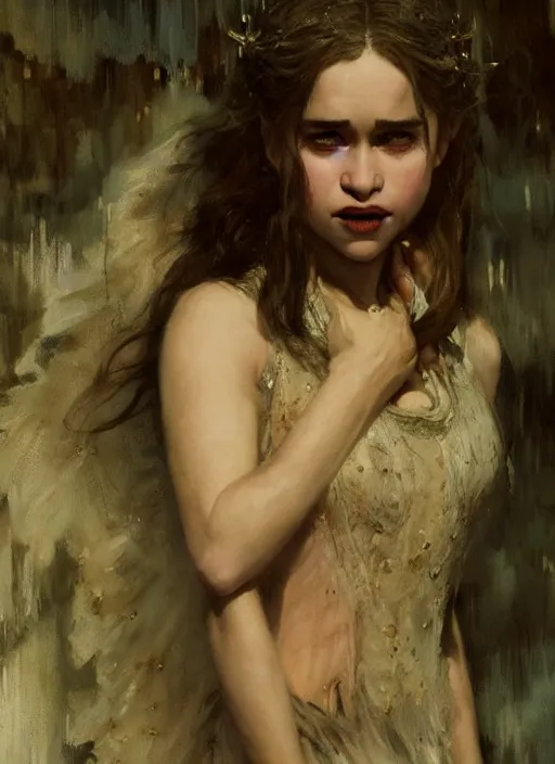 Prompt: young vampire emilia clarke, detailed by gaston bussiere, bayard wu, greg rutkowski, maxim verehin, greg rutkowski, masterpiece, sharp focus, cinematic lightning