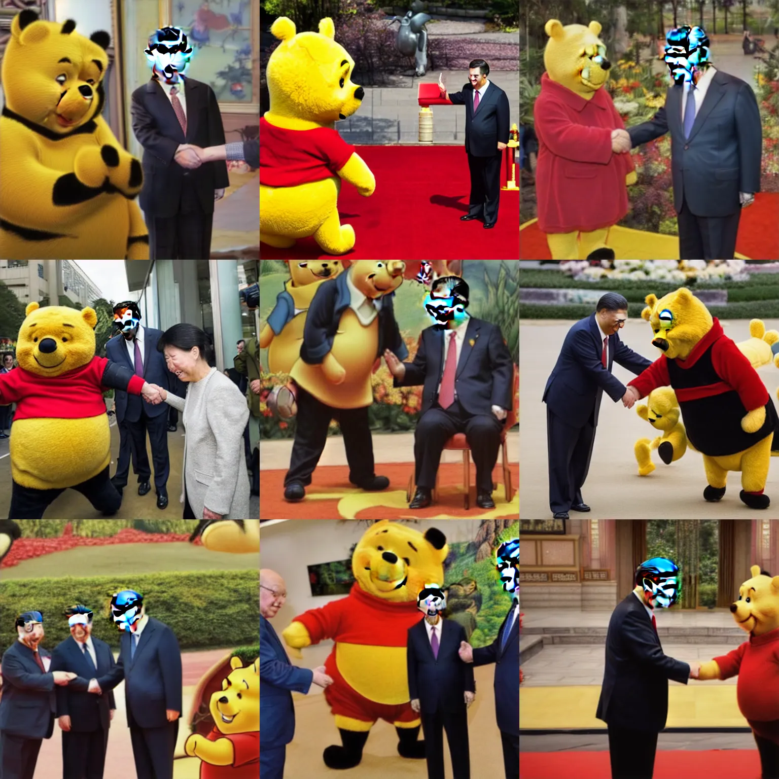 Prompt: Xi Jinping is shaking hands with Winnie the Pooh, editorial photography from the news, dramatic shot, high quality NIKON