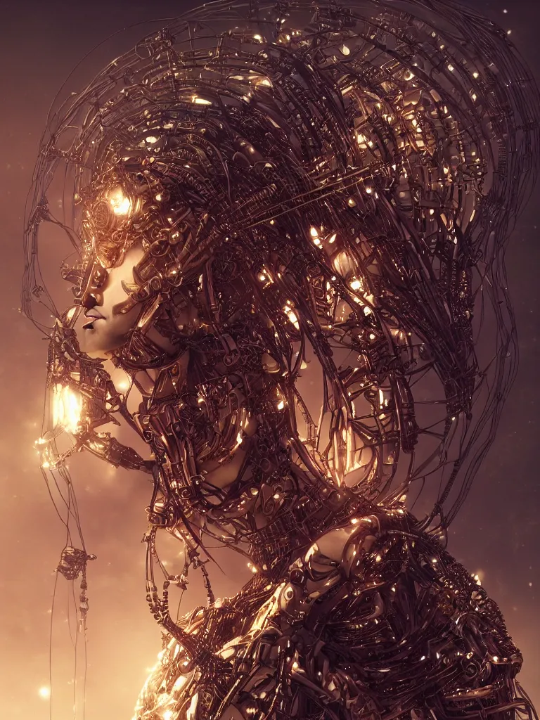 Image similar to a photo of a mech shaman adorned made from cables and synthesizer parts surrounded by sacred geometry made from elven architecture, full body, perfect face, powerful, cinematic, beautifully lit, by artgerm, by karol bak, 3 d, trending on artstation, octane render, 8 k