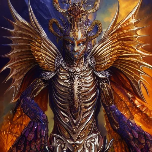 Image similar to a beautiful symmetrical muscular full body wearing a dragon armor with wings made of golden ornaments and gems, by alex gray and android jones , Karol Bak, Ayami Kojima, Amano , concept art, character design, fantasy,3D, 8k resolution