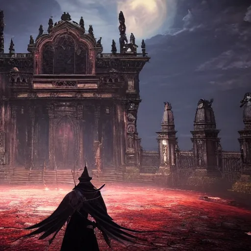 Image similar to a stunning ancient shrine in bloodborne that is radiating a malicious aura, screenshot from bloodborne, highly - detailed, professional work