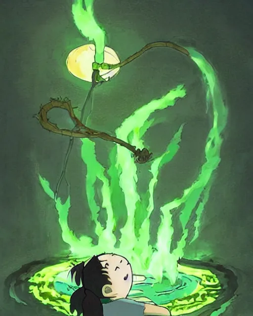 Prompt: a witch brewing a green glowing potion, concept art by studio ghibli, cute, anime : : artstyle of spirited away