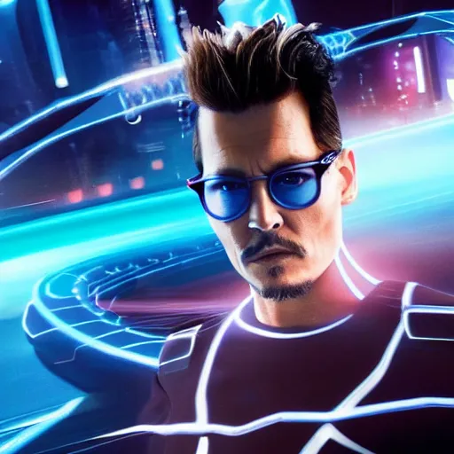 Prompt: johnny depp in the new tron movie. action sequence. movie poster. depth of field. stark contrast. cinematic. technicolor. 8k. octane render.