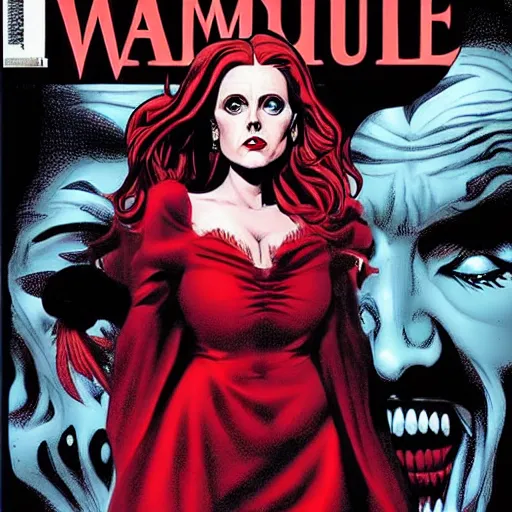 Prompt: vampire : : rafeal albuquerque comic art, john totleben : : gorgeous amy adams : : sharp teeth : : symmetrical face, symmetrical eyes : : gorgeous red hair : : magic lighting : :