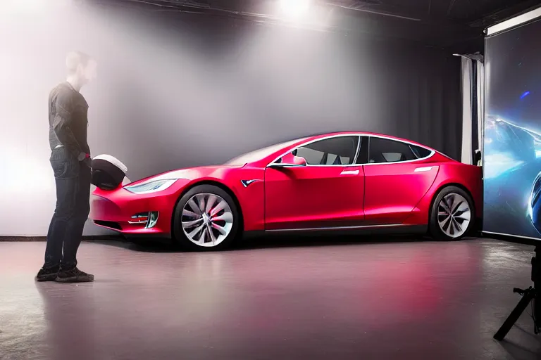 Prompt: a photo of a tesla car in a photo studio, hyper detailed, smooth, high contrast, volumetric lighting, octane, jim lee, craig mullins, vibrant rich deep color