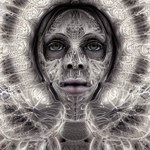 Prompt: beatifull frontal face portrait of a woman, 150mm, anatomical, mandelbrot fractal, symmetric, intricate, elegant, highly detailed, ornate, ornament, sculpture, elegant , luxury, beautifully lit, ray trace, octane render in the style of peter Gric and alex grey