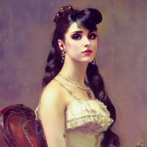 Prompt: Portrait of a steampunk Ariana Grande, elegant, mechanical, broad detail, facial details, vintage shading, by Ilya Repin