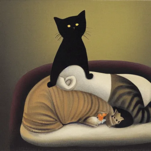 Prompt: a cat sitting on the head of a boy sleeping on a couch, by gerald grom