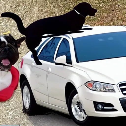 Prompt: dog and cat driving a car with obama sitting on top of car