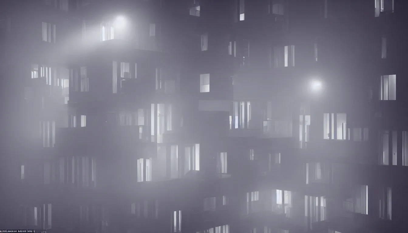 Image similar to Spying into the windows of a small tower block from outside , observing the private lives of the human inhabitants, volumetric lighting shines through the misty nighttime sky , full colour