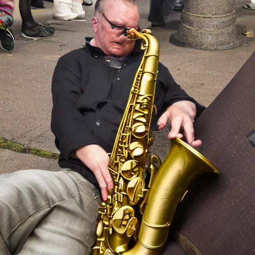 Prompt: A saxophonist played all night over the bag in the black arch. The drunkard was sleeping on a park bench, laying a newspaper sheet. Photo. Good quality.