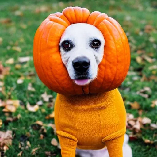 Image similar to dog wearing pumpkin costume, award - winning 4 k photography