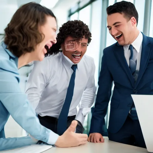 Image similar to stock photo of three people laughing wearing suits and ties in an office building, 8k resolution, full HD, cinematic lighting, award winning, anatomically correct