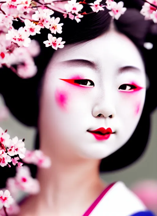 Image similar to Beautiful Japanese geisha close up portrait shot, 1920s geisha, Japanese, young woman, half body photo, upper body, traditional geisha clothing, geisha makeup, geisha hairstyle, hyper realistic, 8k detail, trending, professional photography, cherry blossom background