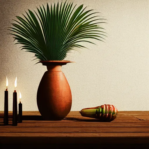 Image similar to a large vase with palms on top of a antique wooden table, vegetables on table and candle, medieval concept art, cinematic lightning and colors, vray tracing, rendered in unreal engine, dark lightning, contrast shadows, super detailed, 8 k