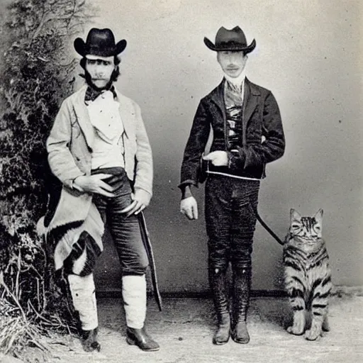 Prompt: cowboys and their cats, 1 8 0 0 s, photograph