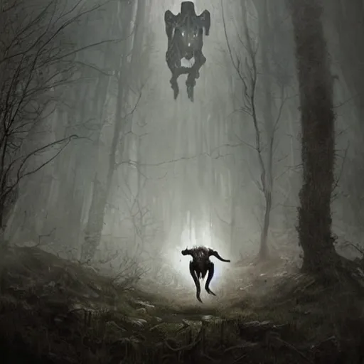 Image similar to a creepy atmospheric painting of a slender humanoid minotaur creature emerging from the mist. painting by greg rutkowski and hr giger.