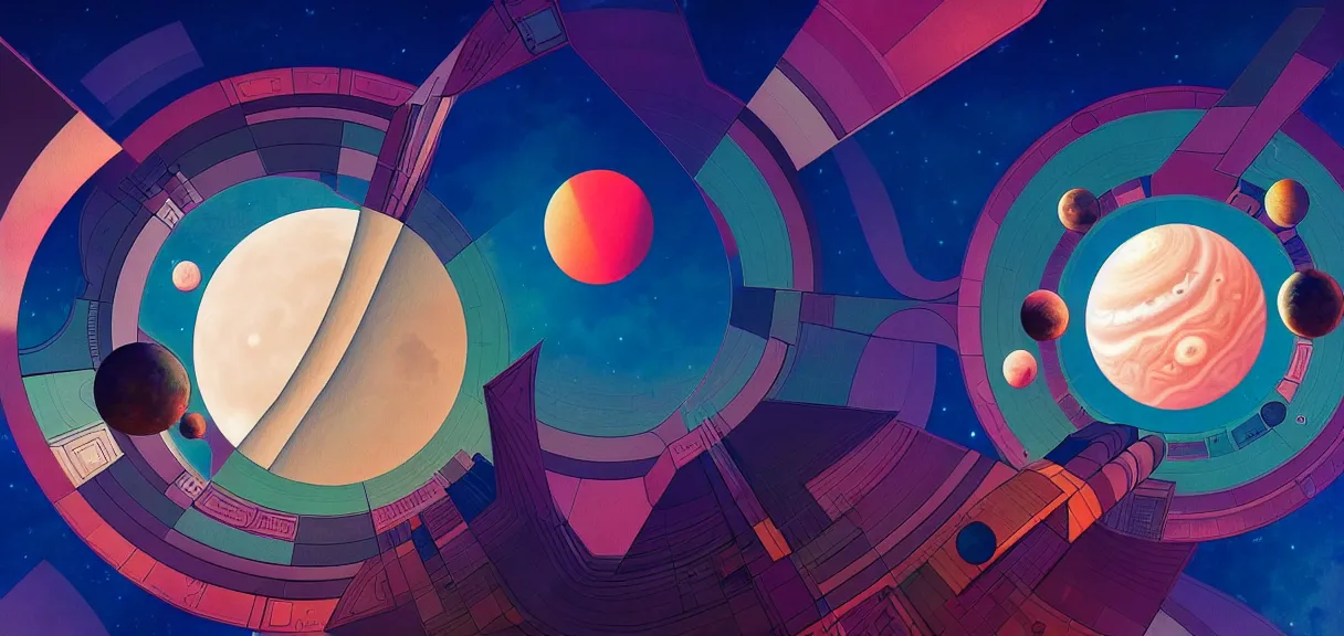 Prompt: post - minimalism comic abstract cubism portrait of concentric city, top down extraterrestial view, jupiter moon mars, iridescent clouds, vibrant color scheme, highly detailed, in the style of romanticism, cinematic, artstation, moebius, greg rutkowski