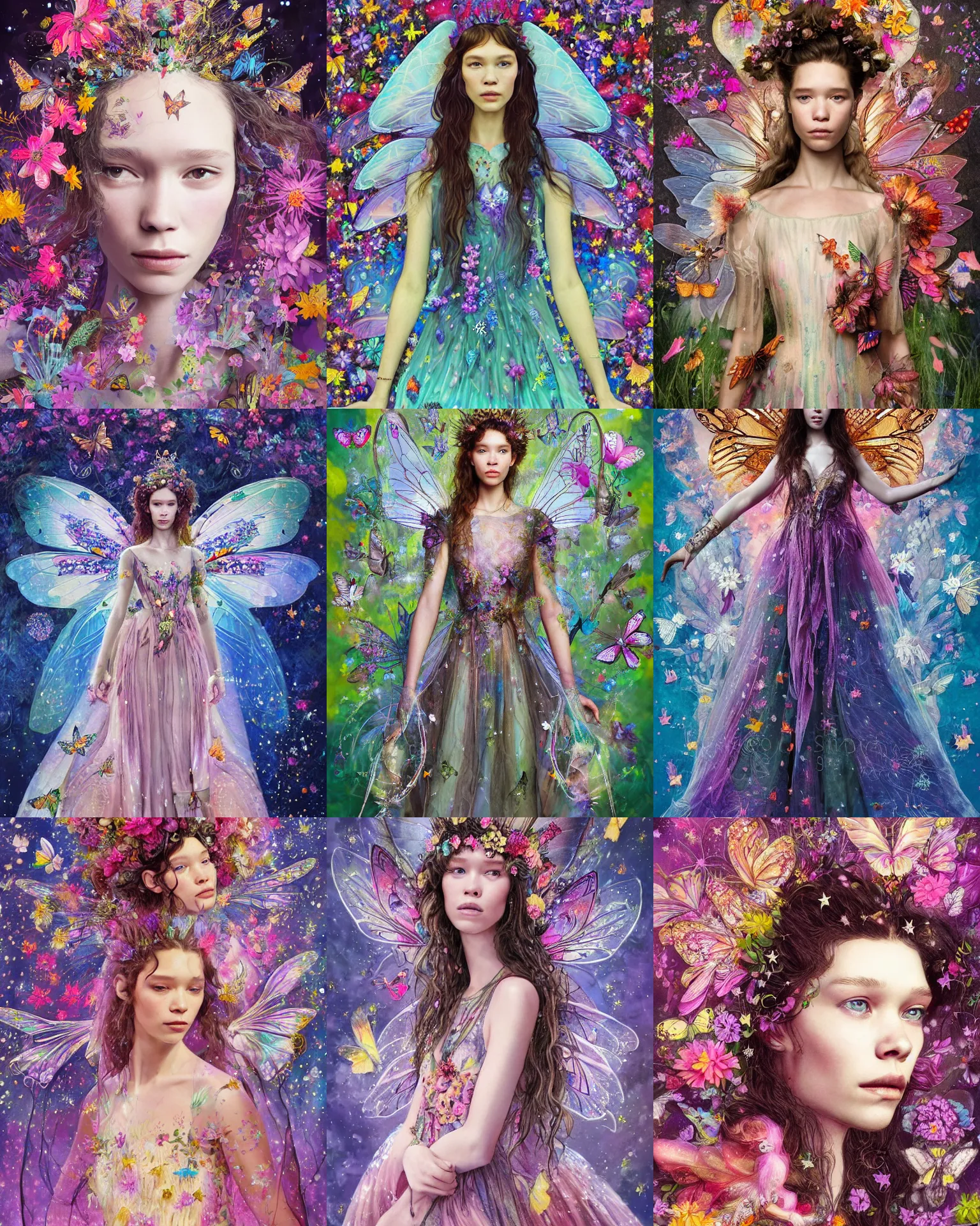 Prompt: masterwork portrait of astrid berges frisbey as a fairy queen. digital illustration. wearing a dress made out of flowers and butterflies. endless stars surround her. trending on art station, low detail, fluid, dreamy, vivid colours. sharp focus. wow!