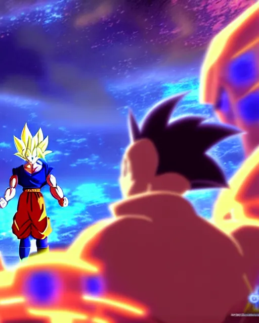 Image similar to in the hyperbolic time chamber where goku and gohan are training. gohan wants goku to train him harder and the two begin sparring more intensely dragon ball z studio ghibli seerlight volumetric lighting unreal engine trending on artstation