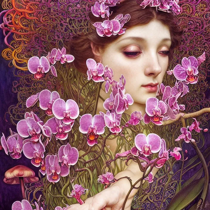 Image similar to psychedelic creature, orchid, cherry blossom tree, mushrooms, diffuse lighting, fantasy, intricate, elegant, highly detailed, lifelike, photorealistic, digital painting, artstation, illustration, concept art, smooth, sharp focus, art by John Collier and Albert Aublet and Krenz Cushart and Artem Demura and Alphonse Mucha and Giuseppe Arcimboldo