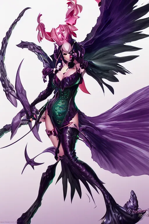 Image similar to Morrigan from Darkstalkers in a spinoff in blade and soul artbook on a render by the artist Hyung tae Kim, Jiyun Chae, Joe Madureira, trending on Artstation by Hyung tae Kim, artbook, Stanley Artgerm Lau, WLOP, Rossdraws , James Gurney