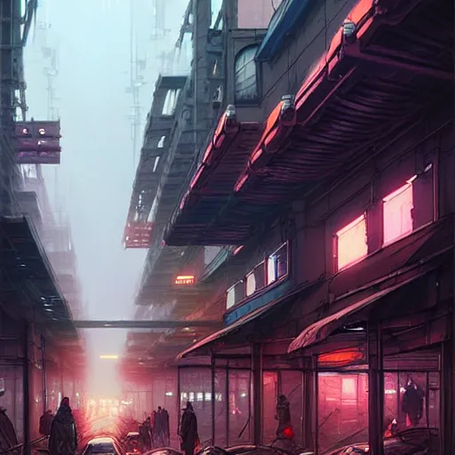 Image similar to professional concept art of a dreary diesel punk city street by artgerm and greg rutkowski. an intricate, elegant, highly detailed digital painting, concept art, smooth, sharp focus, illustration, in the style of simon stalenhag, wayne barlowe, and igor kieryluk.