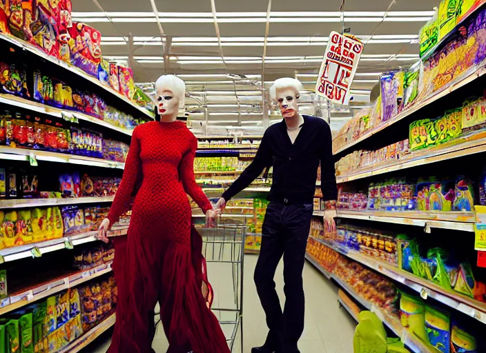 Prompt: 28mm photo of a woman and man in supermarket, in the style of David cronenberg ,scary, weird, high fashion, ID magazine, vogue magazine, homes and garden magazine, surprising, freaky, freak show, realistic, sharp focus, 8k high definition, medium format film photography, photo realistic, insanely detailed, intricate, elegant, art by yoshitaka amano and David kostic and stanley lau and artgerm