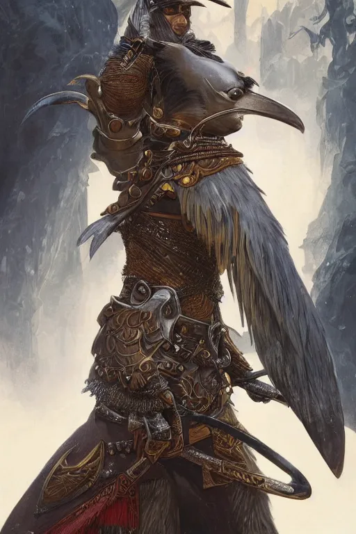 Image similar to a portrait of an anthropomorphic penguin warrior, D&D, fantasy, intricate, highly detailed, digital painting, artstation, concept art, smooth, sharp focus, illustration, art by artgerm and greg rutkowski and alphonse mucha
