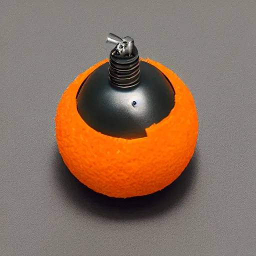 Prompt: product photo of an orange designed to resemble an incendiary grenade, center frame, highly detailed, balanced colors