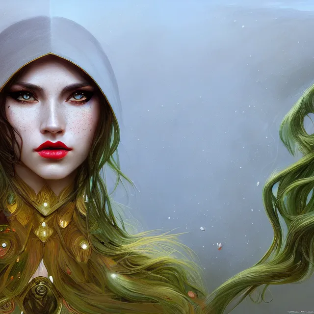 Image similar to portrait of a female face, elf, green eyes, long eyelashes, red plump lips, freckles, long black hair, dark fantasy, intricate, elegant, highly detailed, digital painting, artstation, concept art, smooth, sharp focus, illustration, art by artgerm and greg rutkowski and alphonse mucha, wlop