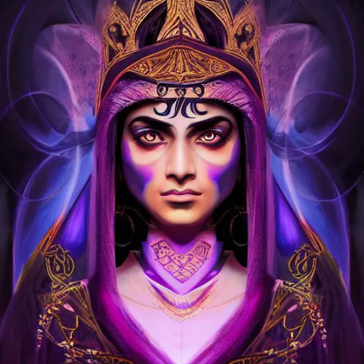 Prompt: head-on centered symmetrical painted portrait, Amita Sumar as a Sorcerer, black hair, purple robes, dramatic lighting, intricate, fantasy, intricate, elegant, highly detailed, digital painting, smooth, sharp focus, illustration, dramatic lighting, artstation, in the style of Artgerm and Anna Podedworna