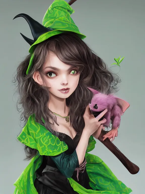 Image similar to Full shot of a cute mischievous young witch about to get up to some trouble with her playful bat familiar. Latin American fashion. Floral patterns. Bats. Black and Pink and Lime Green palette. Magic. Latina girl. brown skin. defined facial features, symmetrical facial features. Smiling. By Ruan Jia and Artgerm and Range Murata and WLOP and Ross Tran and William-Adolphe Bouguereau. Key Art. Fantasy Illustration. award winning, Artstation, intricate details, realistic, Hyperdetailed, 8k resolution.