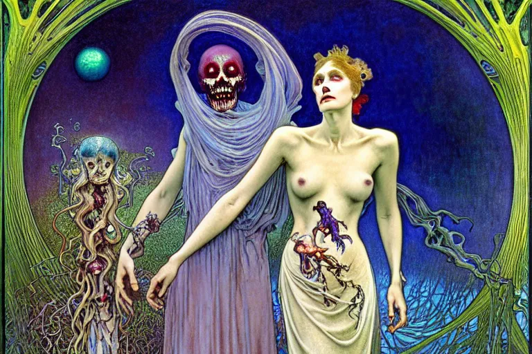 Image similar to realistic detailed portrait painting of a beautiful ghost woman with a male zombie, nightly graveyard landscape background by Jean Delville, Amano, Yves Tanguy, Alphonse Mucha, Ernst Haeckel, Edward Robert Hughes, Roger Dean, rich moody colours, blue eyes