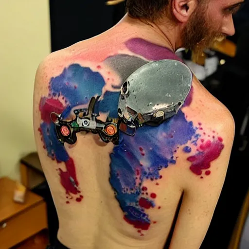 Prompt: backside on the shoulders is a tattoo of a 3 d hole in the skin with multicolored tubes and robotic mechanics and computerparts inside under the skin, insanely integrate,