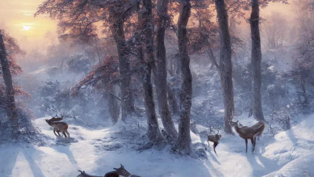 Prompt: the most beautiful panoramic landscape, oil painting, where a giant dreamy waterfall is frozen, the trees around have snow over their leafs, some majestic deers are in close - up and they are exhaling steam, the ray lights of the sunrise are brightening him, by greg rutkowski