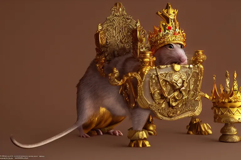 Prompt: 3 d render of a rat character who is a king, wearing golden crown, siiting on the throne highly detailed octane render, artstation, surrealism, pixar