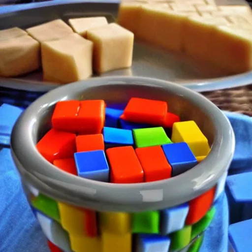 Prompt: soup made out of rubiks cubes