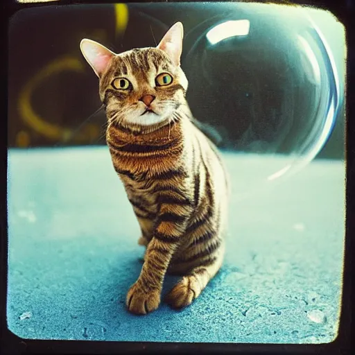 Prompt: Lomotype candid photography of an astronaut brown tabby cat with a bubble as a helmet, visiting Saturn, surrounded by bubbles