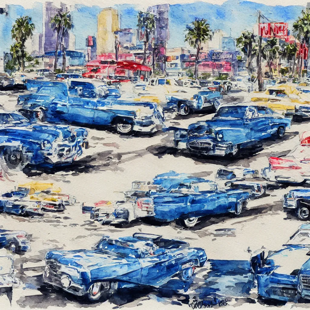 Image similar to 2 cadillacs, 1 blue and 1 white, parked in front of a 7 - 1 1 in downtown los angeles, vintage watercolor painting