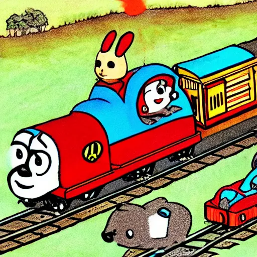 Image similar to An illustration of the trolley problem where Thomas the Tank engine is to the point of crushing the Sylvanian family who lay on the rails in front of him